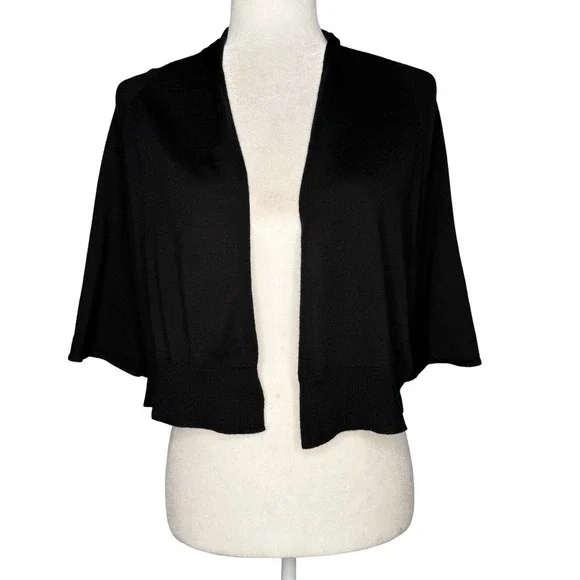 Eileen Fisher M Merino Wool Wide Sleeve Cropped Open Cardigan Black Lagenlook - Picture 3 of 9